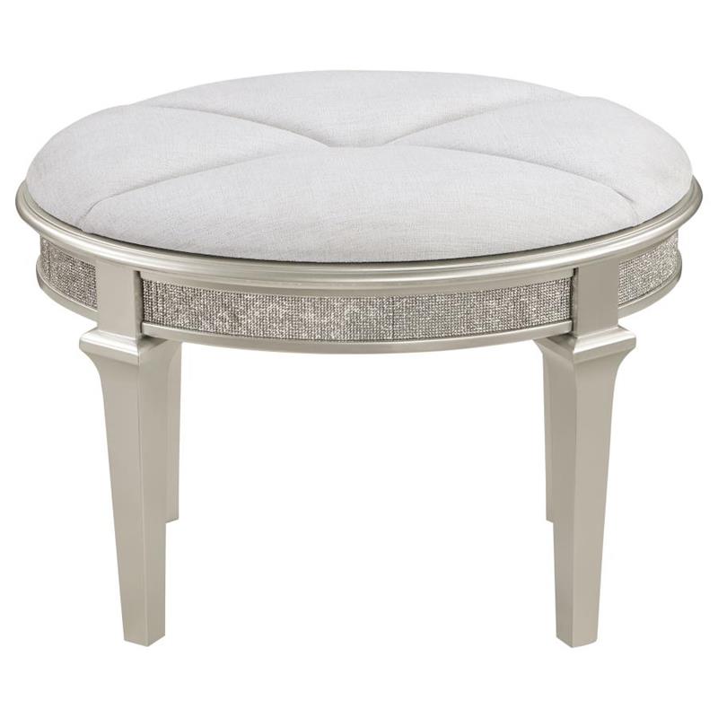 Evangeline Oval Vanity Stool with Faux Diamond Trim Silver and Ivory (223399)