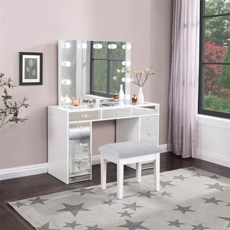 Regina 3-piece Makeup Vanity Table Set Hollywood Lighting White and Mirror (930245)