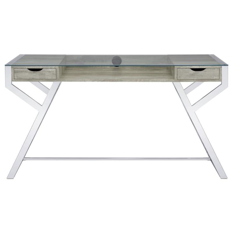 Emelle 2-drawer Glass Top Writing Desk Grey Driftwood and Chrome (882116)