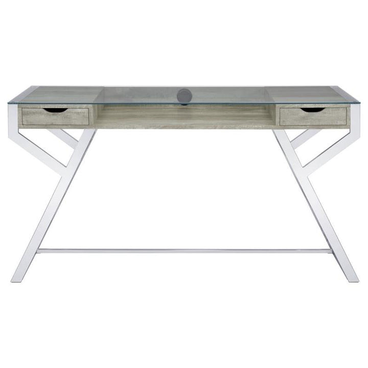 Emelle 2-drawer Glass Top Writing Desk Grey Driftwood and Chrome (882116)