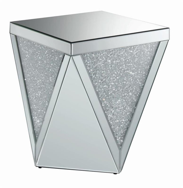 Amore Square End Table with Triangle Detailing Silver and Clear Mirror (722507)