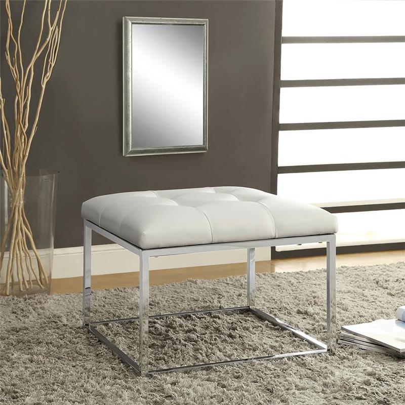 Swanson Upholstered Tufted Ottoman White and Chrome (500423)