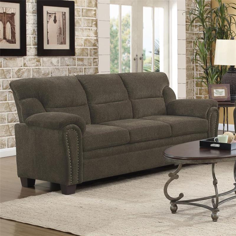 Clementine Upholstered Sofa with Nailhead Trim Brown (506571)