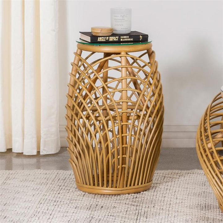 Dahlia Round Glass Top Woven Rattan End Table Natural Brown (709807)