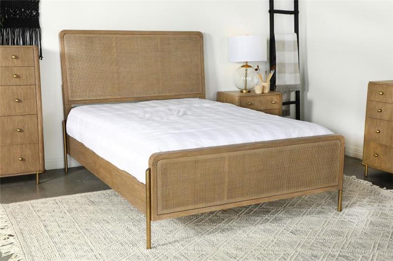 Arini Upholstered Eastern King Panel Bed Sand Wash and Natural Cane (224300KE)