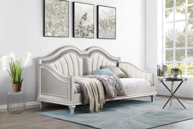 Evangeline Upholstered Twin Daybed with Faux Diamond Trim Silver and Ivory (360121)