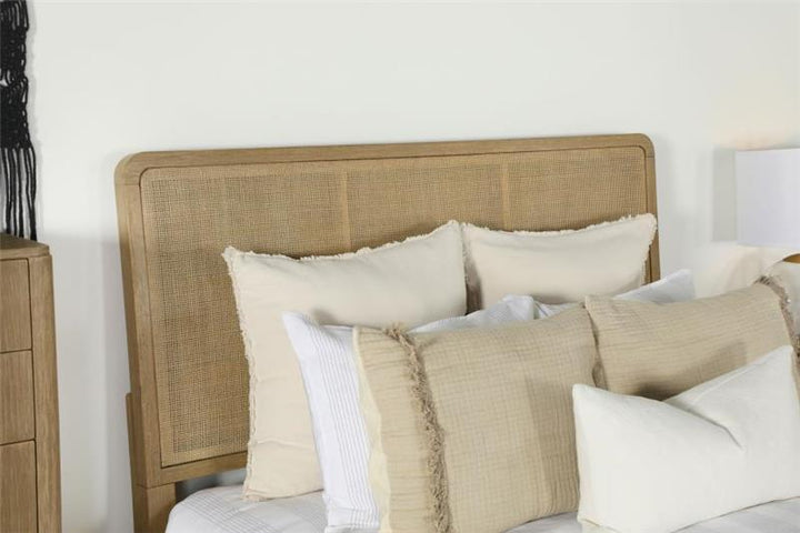 Arini Upholstered Eastern King Panel Bed Sand Wash and Natural Cane (224300KE)