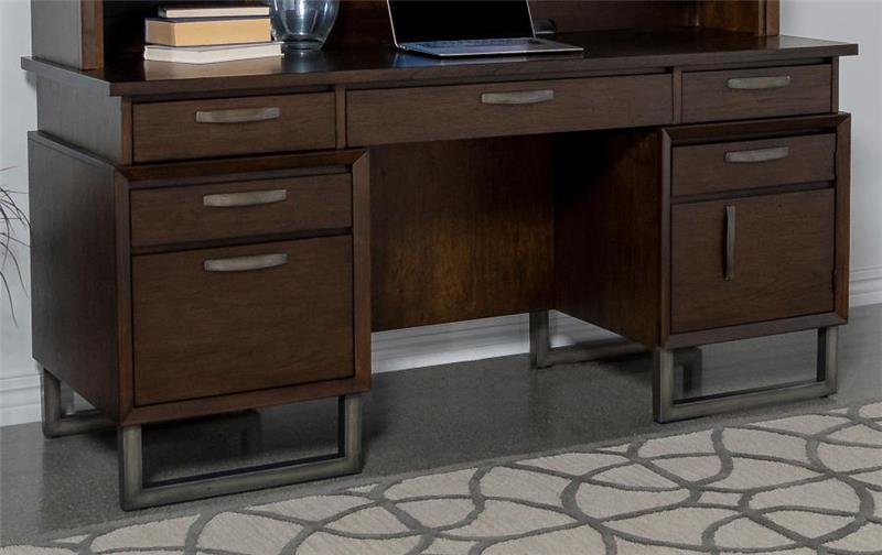 Marshall 5-drawer Credenza Desk With Power Outlet Dark Walnut and Gunmetal (881292)