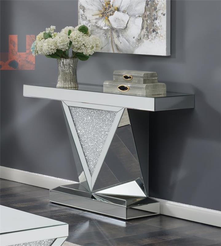 Amore Rectangular Sofa Table with Triangle Detailing Silver and Clear Mirror (722509)