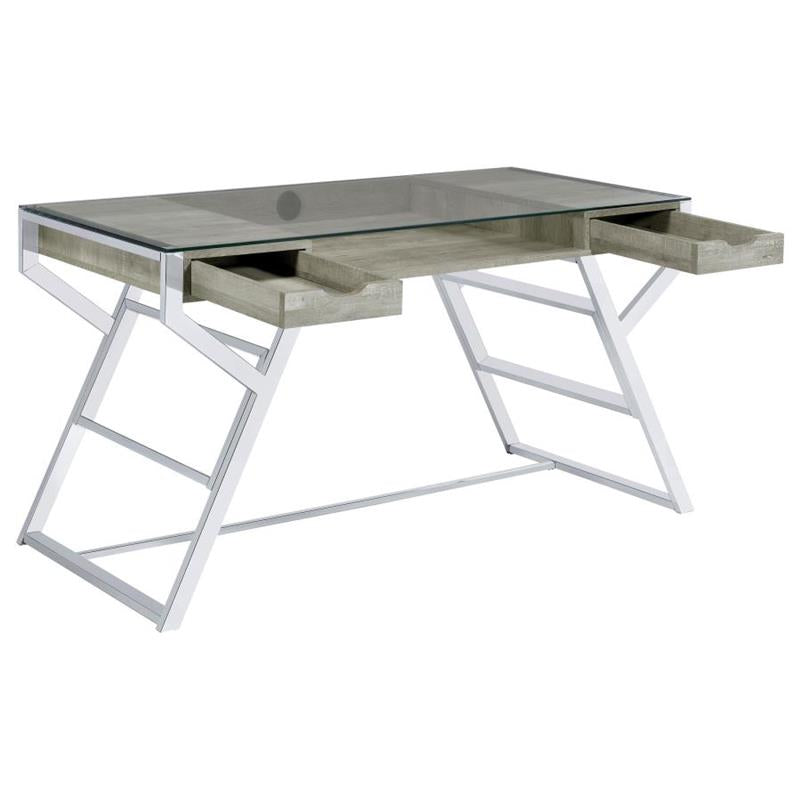 Emelle 2-drawer Glass Top Writing Desk Grey Driftwood and Chrome (882116)