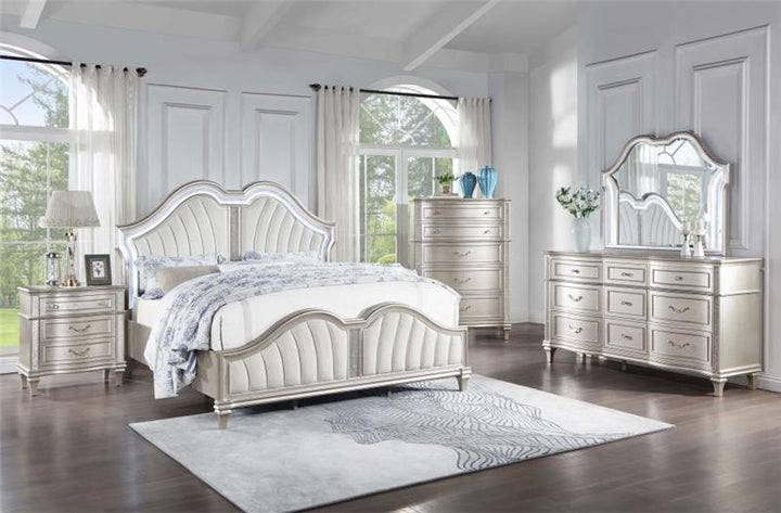 Evangeline 5-piece Upholstered Platform Eastern King Bedroom Set Ivory and Silver Oak (223391KE-S5)