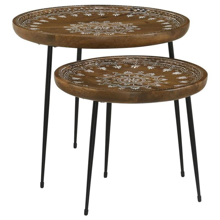 Nuala 2-piece Round Nesting Table with Tripod Tapered Legs Honey and Black (935984)