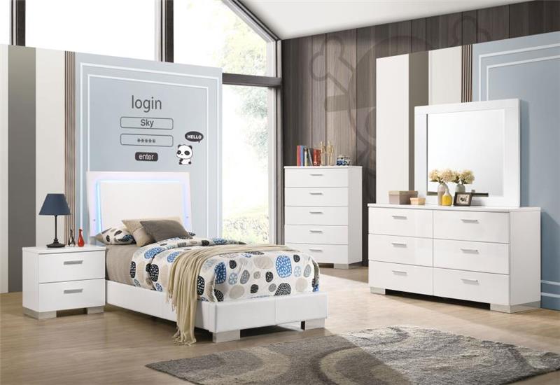 Felicity Twin Panel Bed with LED Lighting Glossy White (203500T)