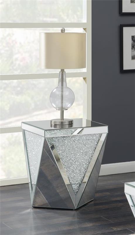 Amore Square End Table with Triangle Detailing Silver and Clear Mirror (722507)