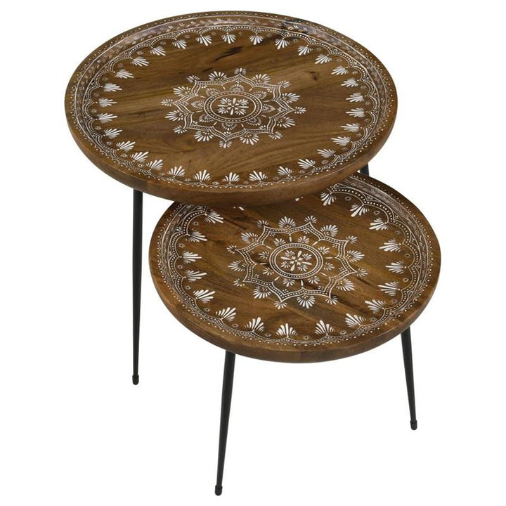 Nuala 2-piece Round Nesting Table with Tripod Tapered Legs Honey and Black (935984)