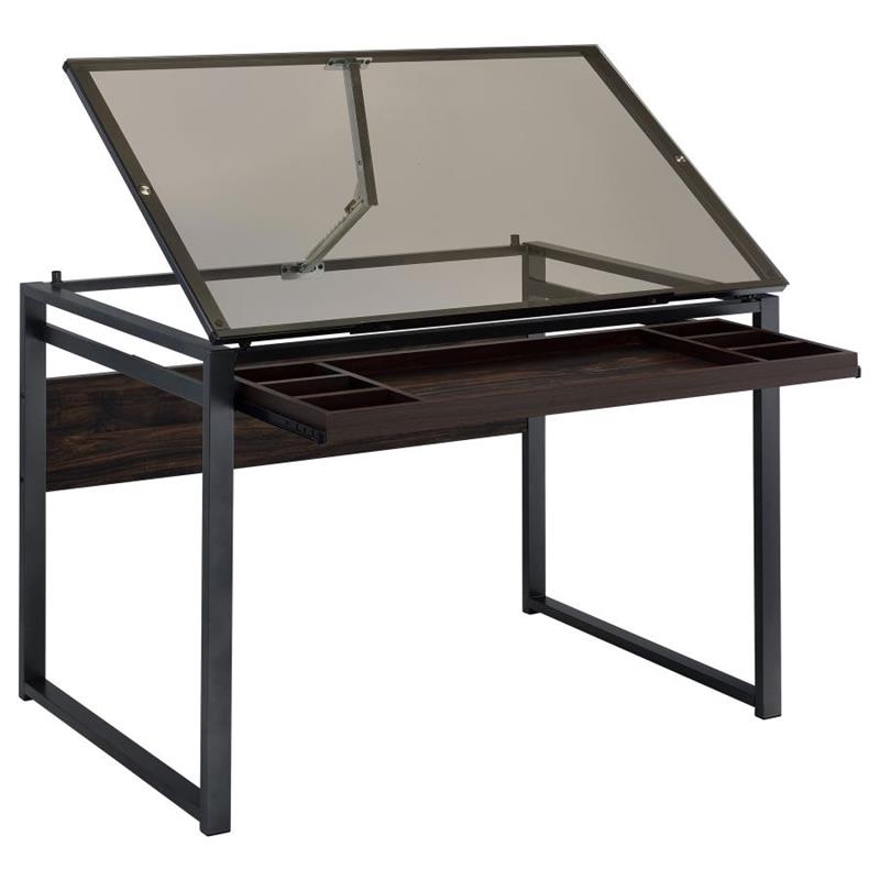 Pantano Glass Top Drafting Desk Dark Gunmetal and Chestnut (805571)