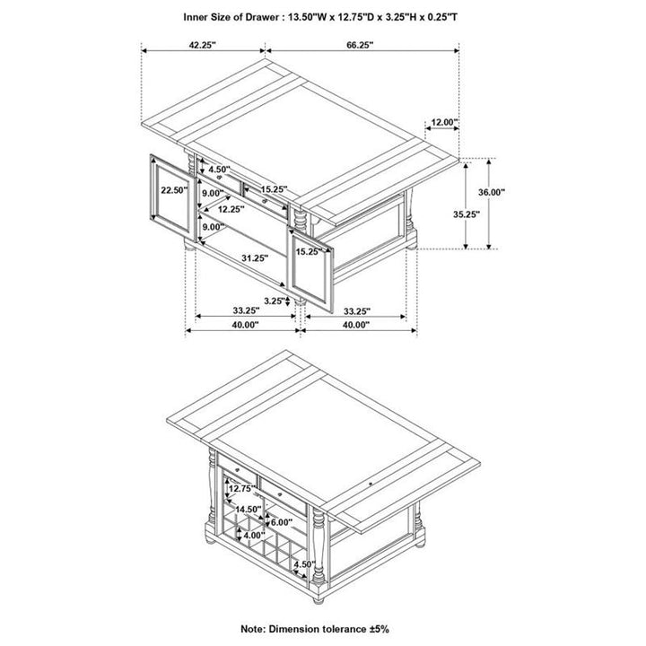 Slater 2-drawer Kitchen Island with Drop Leaves Brown and Buttermilk (102271)