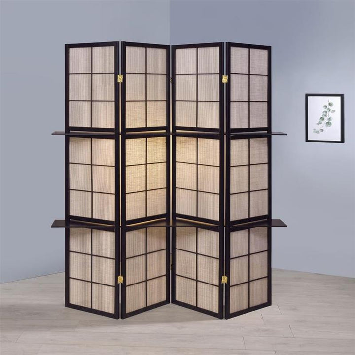 Iggy 4-panel Folding Screen with Removable Shelves Tan and Cappuccino (900166)