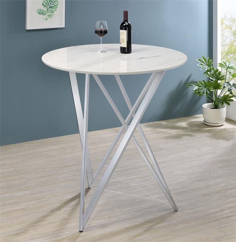 Bexter Faux Marble Round Top Bar Table White and Chrome (183526)