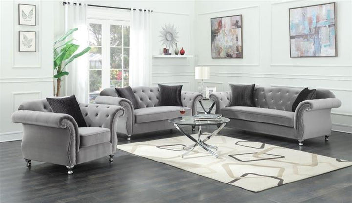 Frostine Upholstered Tufted Living Room Set Silver (551161-S3)