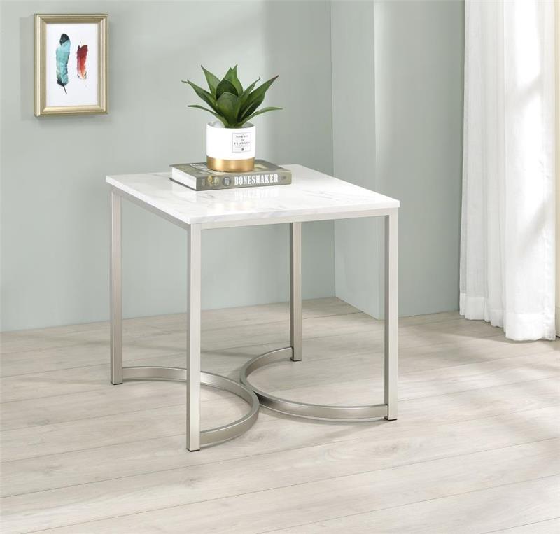 Leona Faux Marble Square End Table White and Satin Nickel (721867)