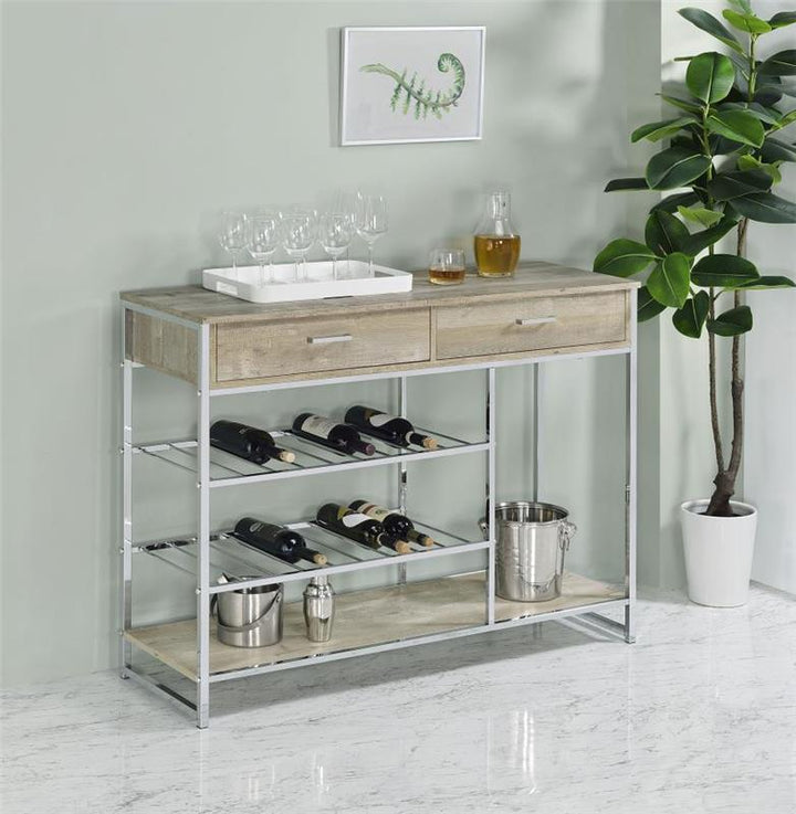 Melrose 2-shelf Wine Cabinet with 2 Drawers Gray Washed Oak and Chrome (182275)