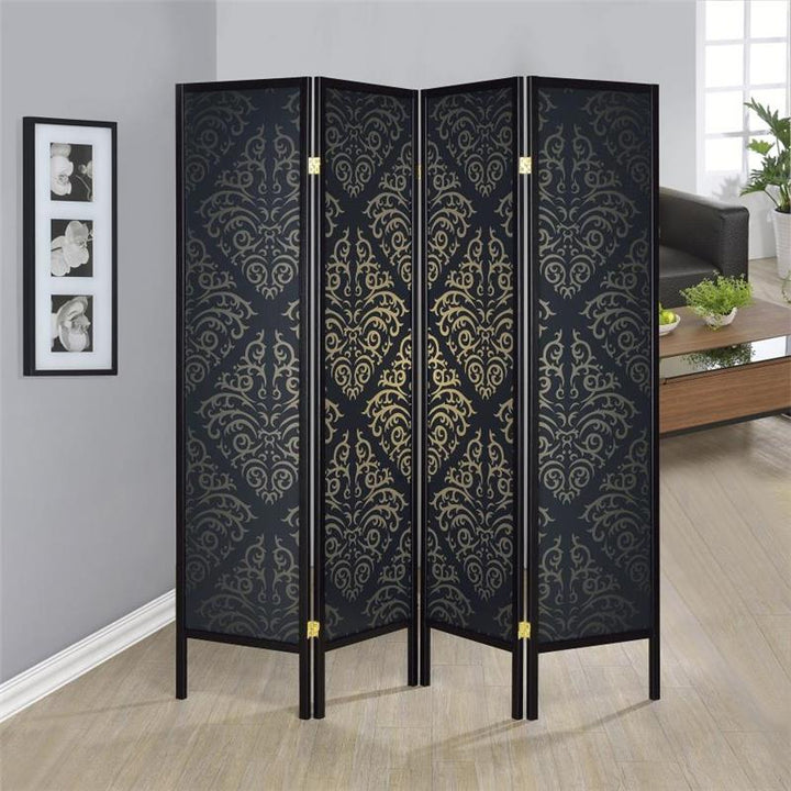 Haidera 4-panel Damask Pattern Folding Screen Black (901632)